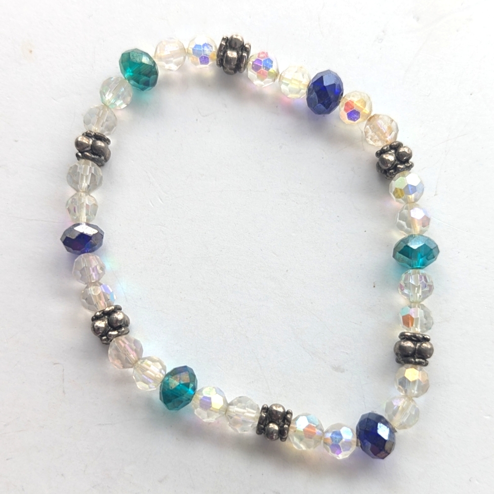 Artisan Made Glass AB Crystal Faceted Beaded Sparkly Glam Stretch Bracelet